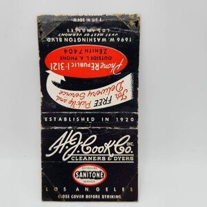 Vintage Matchbook H.J. Cook Co. Cleaners & Dyers 1696 W. Washington Blvd. Los An
